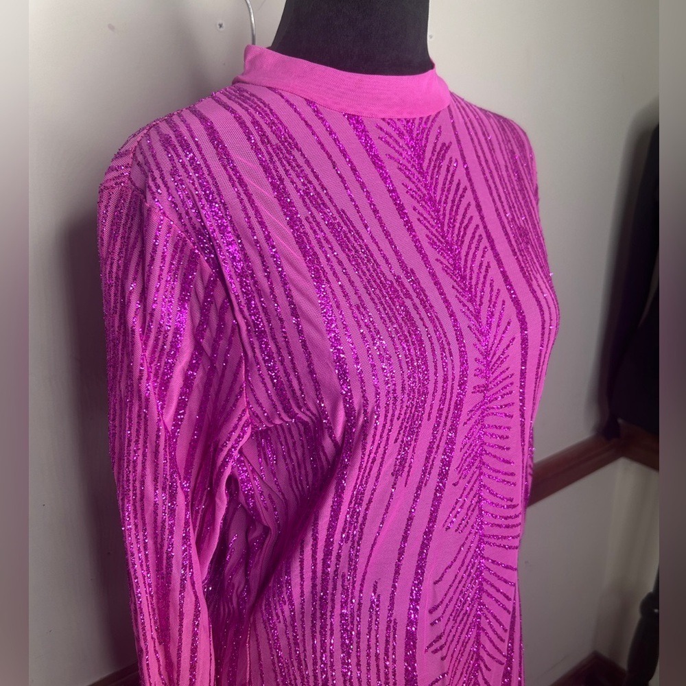Sexy party birthday club pink glitter see through midi dress - Picture 5 of 14